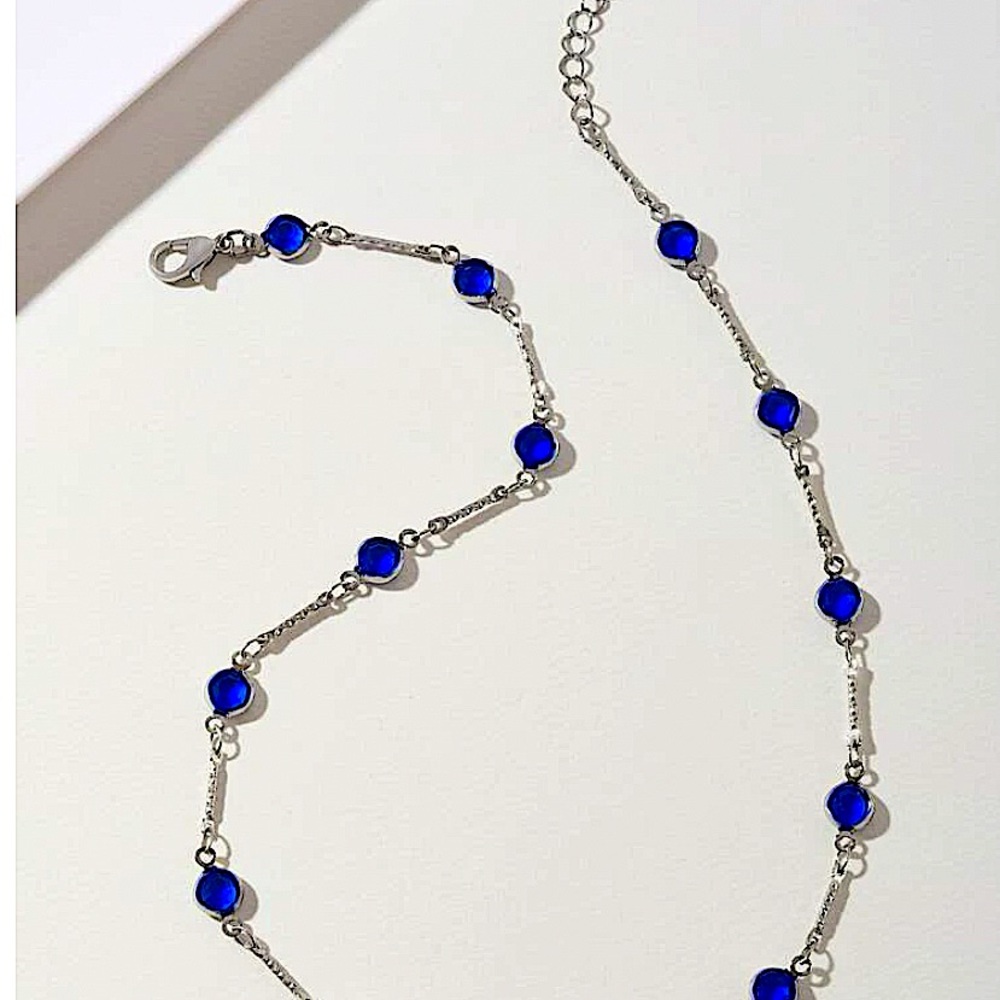 Sterling Silver Blue Sapphire Zircon Choker Necklace - Picture 4 of 5